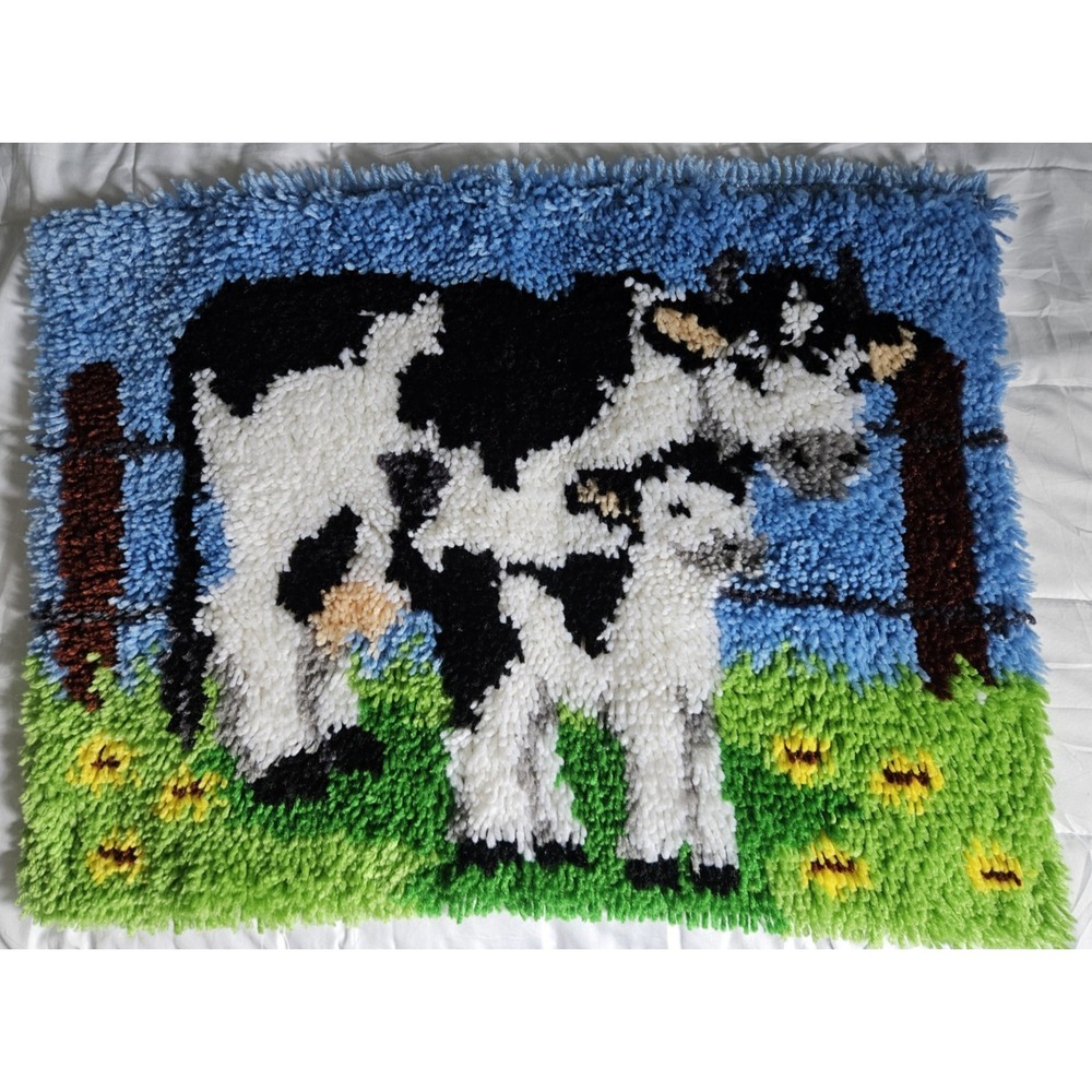 Vintage Latch Hook Cow Rug Mom Baby 27" X 20" Finished Binding Flowers Fence